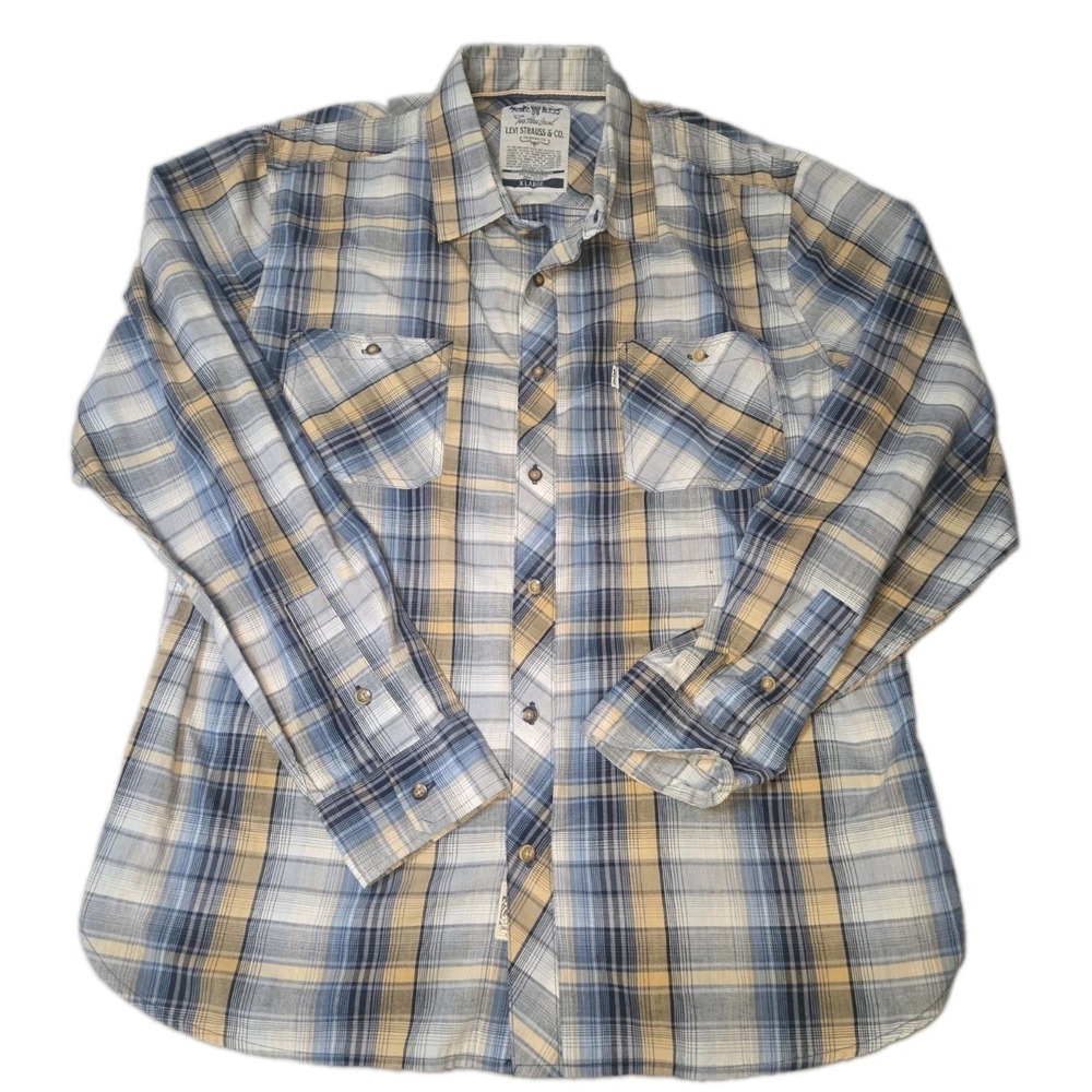 Levis Two Horse Brand Shirt Mens XL Plaid Blue Tan Long Sleeve Button Up XL